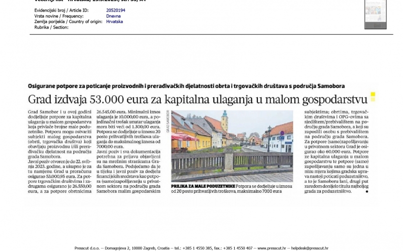 Grad izdvaja 53.000 eura za kapitalna ulaganja u malom gospodarstvu